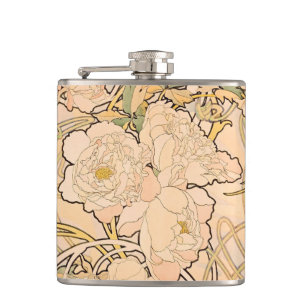 Classic Art Nouveau Peony Garden Pattern by Mucha Flask