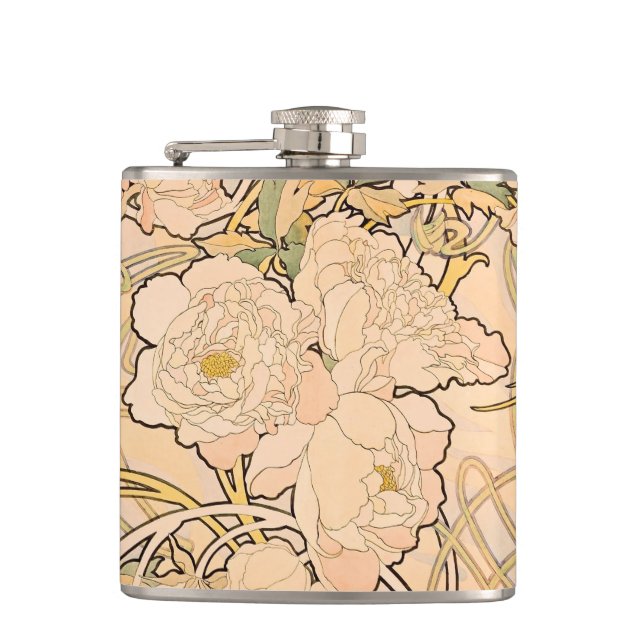 Classic Art Nouveau Peony Garden Pattern by Mucha Flask (Front)