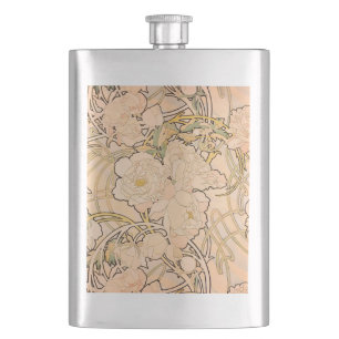 Classic Art Nouveau Peony Garden Pattern by Mucha Flask