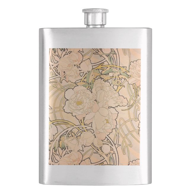 Classic Art Nouveau Peony Garden Pattern by Mucha Flask (Front)