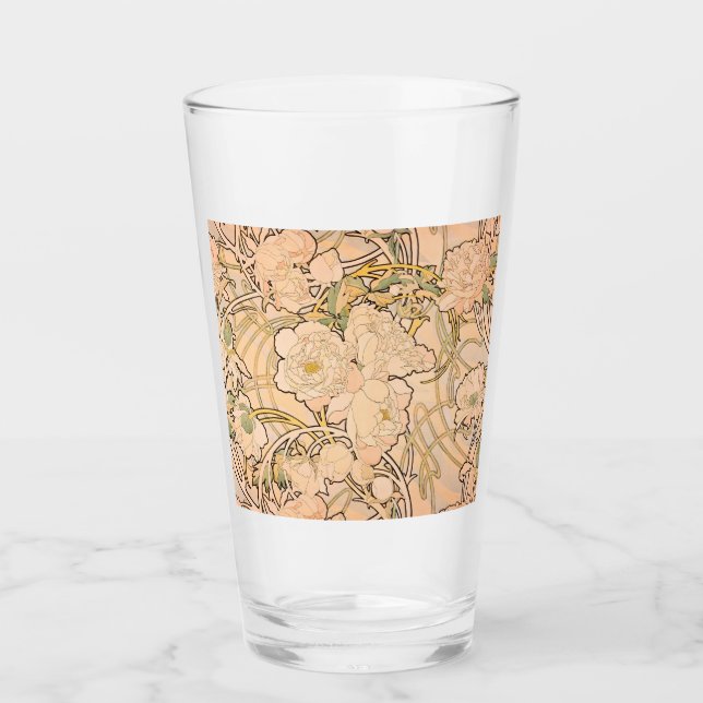 Classic Art Nouveau Peony Garden Pattern by Mucha Glass (Front)