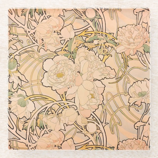 Classic Art Nouveau Peony Garden Pattern by Mucha Glass Coaster (Front)
