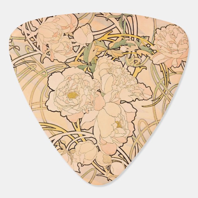 Classic Art Nouveau Peony Garden Pattern by Mucha Guitar Pick (Back)