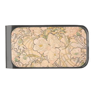 Classic Art Nouveau Peony Garden Pattern by Mucha Gunmetal Finish Money Clip