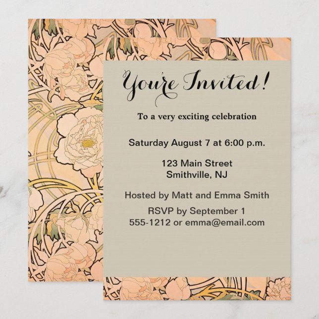Classic Art Nouveau Peony Garden Pattern by Mucha Invitation (Front/Back)