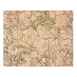 Classic Art Nouveau Peony Garden Pattern by Mucha Jigsaw Puzzle