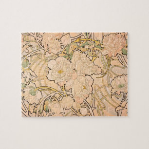 Classic Art Nouveau Peony Garden Pattern by Mucha Jigsaw Puzzle