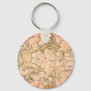 Classic Art Nouveau Peony Garden Pattern by Mucha Keychain