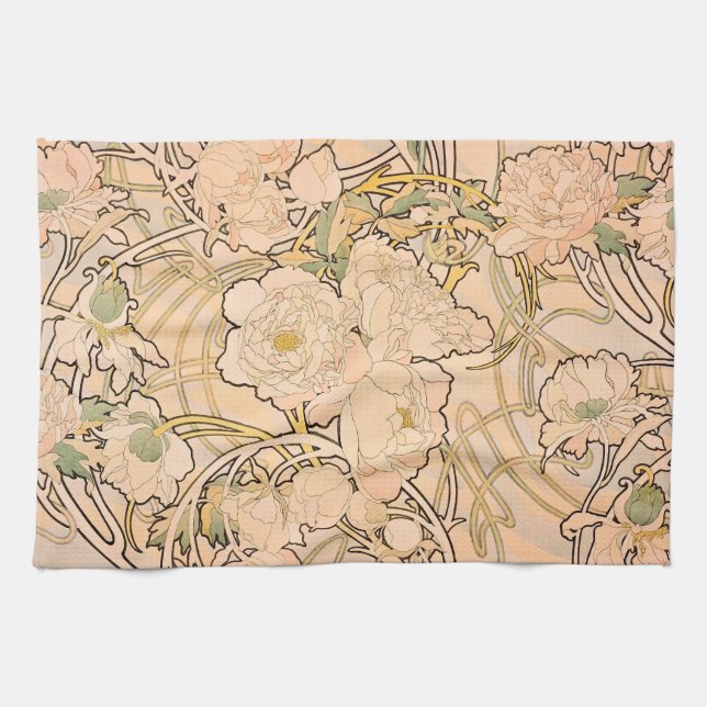 Classic Art Nouveau Peony Garden Pattern by Mucha Kitchen Towel (Horizontal)