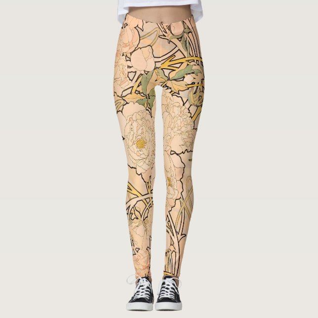 Classic Art Nouveau Peony Garden Pattern by Mucha Leggings (Front)