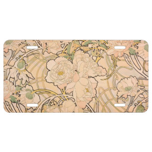 Classic Art Nouveau Peony Garden Pattern by Mucha License Plate