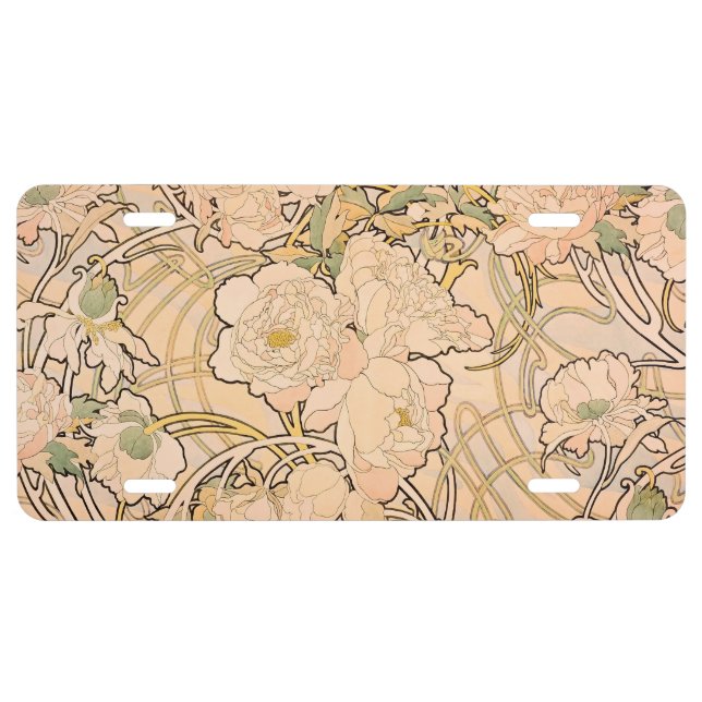 Classic Art Nouveau Peony Garden Pattern by Mucha License Plate (Front)