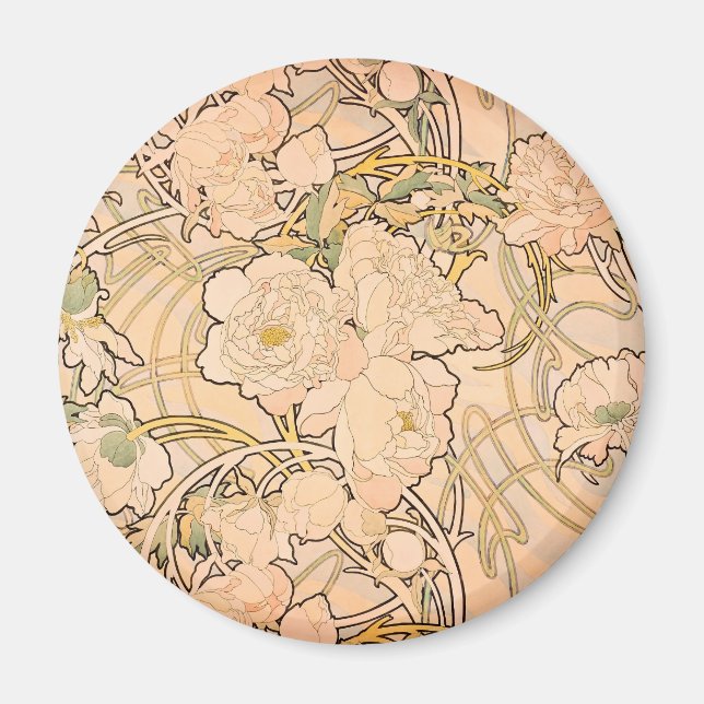 Classic Art Nouveau Peony Garden Pattern by Mucha Magnet (Front)