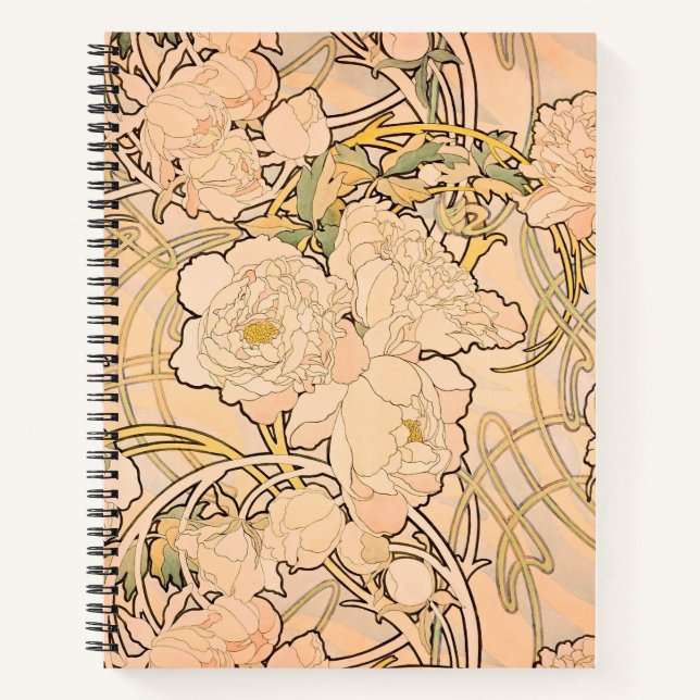 Classic Art Nouveau Peony Garden Pattern by Mucha Notebook (Front)