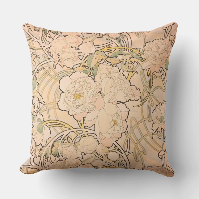 Classic Art Nouveau Peony Garden Pattern by Mucha Outdoor Pillow (Front)