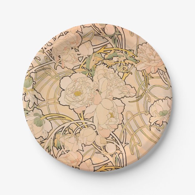 Classic Art Nouveau Peony Garden Pattern by Mucha Paper Plates (Front)