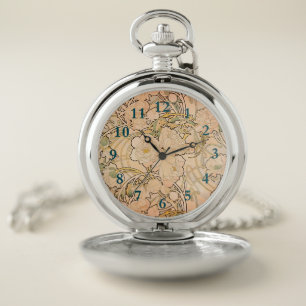 Classic Art Nouveau Peony Garden Pattern by Mucha Pocket Watch