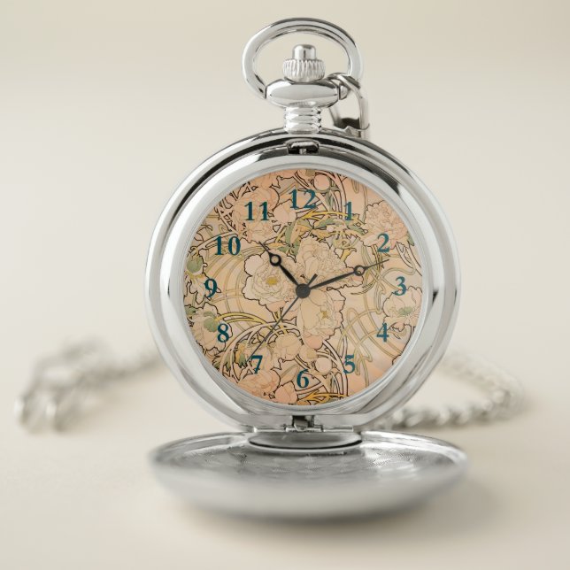 Classic Art Nouveau Peony Garden Pattern by Mucha Pocket Watch (Inside)
