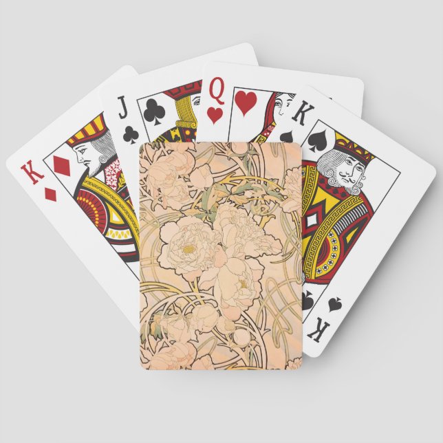 Classic Art Nouveau Peony Garden Pattern by Mucha Poker Cards (Back)