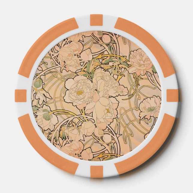 Classic Art Nouveau Peony Garden Pattern by Mucha Poker Chips (Front)