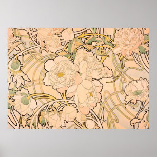 Classic Art Nouveau Peony Garden Pattern by Mucha Poster