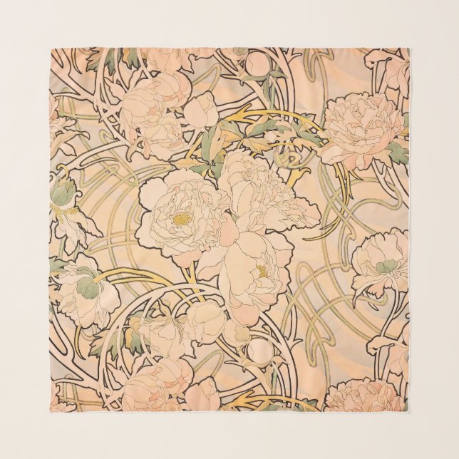 Classic Art Nouveau Peony Garden Pattern by Mucha Scarf (Front)