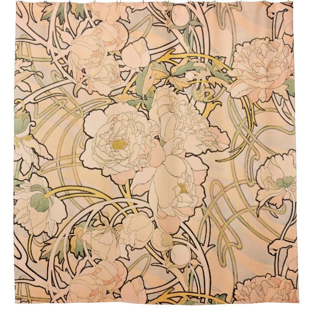 Classic Art Nouveau Peony Garden Pattern by Mucha Shower Curtain (Front)