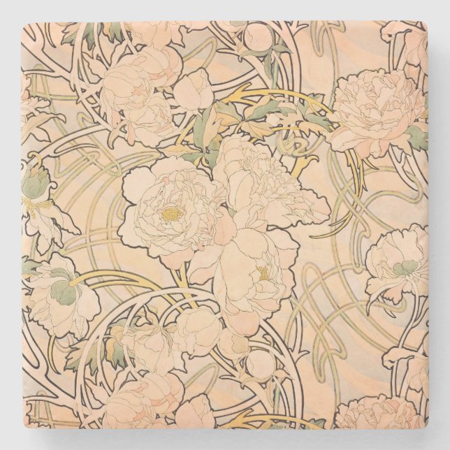 Classic Art Nouveau Peony Garden Pattern by Mucha Stone Coaster (Front)