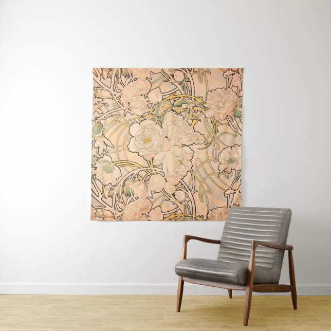 Classic Art Nouveau Peony Garden Pattern by Mucha Tapestry (In Situ)