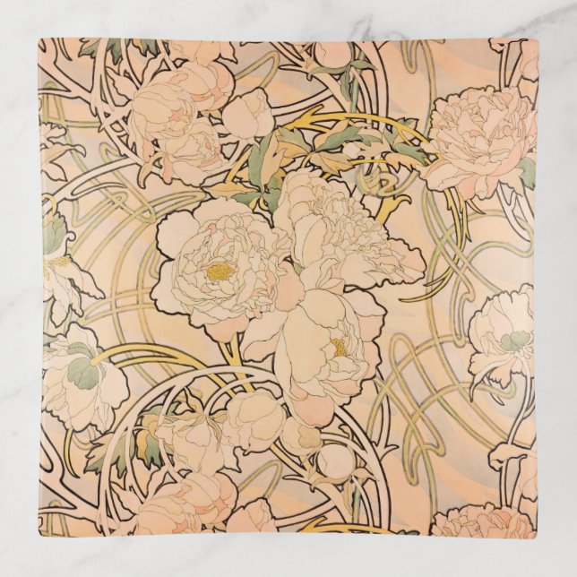 Classic Art Nouveau Peony Garden Pattern by Mucha Trinket Tray (Front)