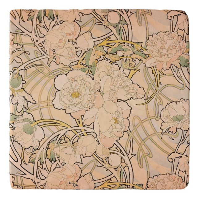 Classic Art Nouveau Peony Garden Pattern by Mucha Trivet (Front)
