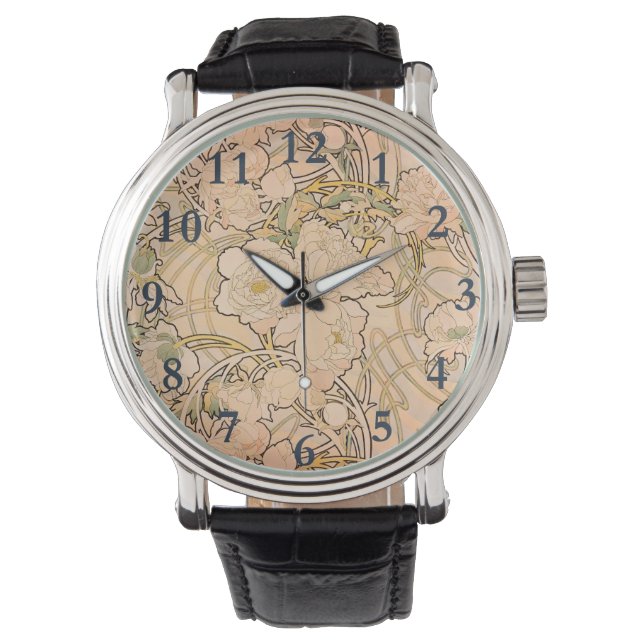 Classic Art Nouveau Peony Garden Pattern by Mucha Watch (Front)