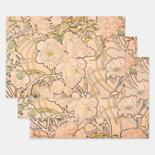 Classic Art Nouveau Peony Garden Pattern by Mucha Wrapping Paper Sheets