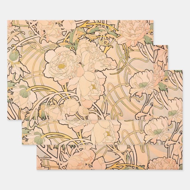 Classic Art Nouveau Peony Garden Pattern by Mucha Wrapping Paper Sheets (Set)
