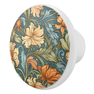 Classic artistic Morris floral pattern Blue Brown Ceramic Knob