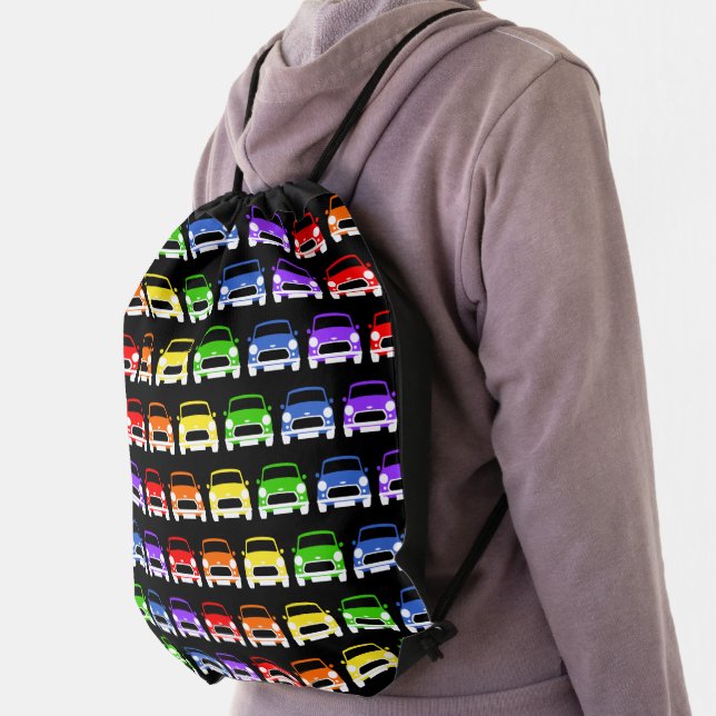 Classic Austin Mini Cooper Rainbow Drawstring Bag (Insitu)