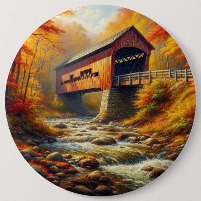 classic, autumn covered bridge button (Front)