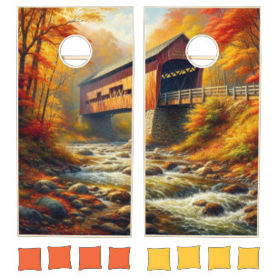 classic, autumn covered bridge cornhole set
