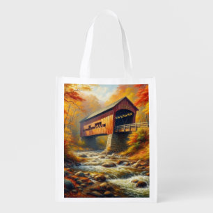 classic, autumn covered bridge grocery bag