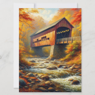 classic, autumn covered bridge holiday card