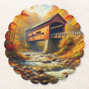 classic, autumn covered bridge paper coaster