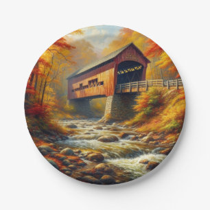 classic, autumn covered bridge paper plates