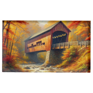 classic, autumn covered bridge place card holder