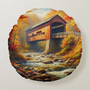 classic, autumn covered bridge round pillow