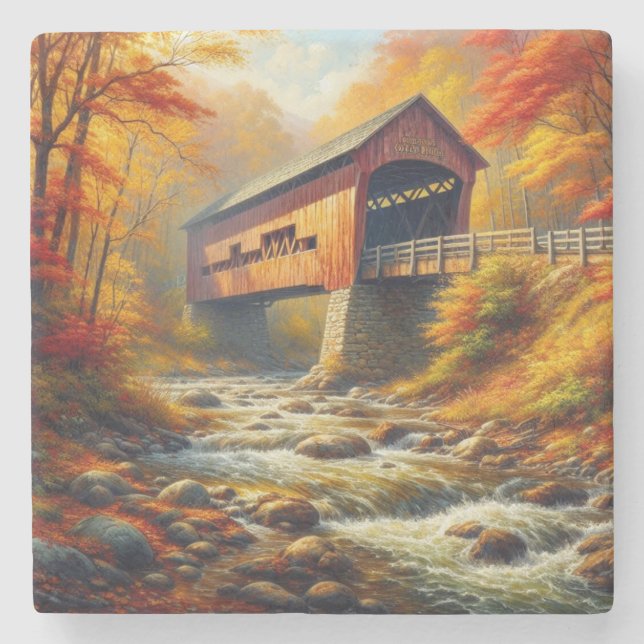 classic, autumn covered bridge stone coaster (Front)