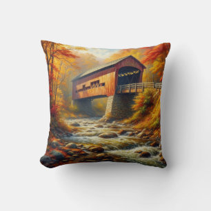 classic, autumn covered bridge throw pillow