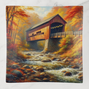 classic, autumn covered bridge trinket tray