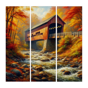 classic, autumn covered bridge triptych