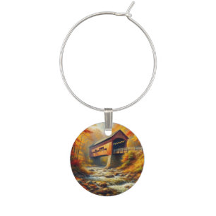classic, autumn covered bridge wine charm