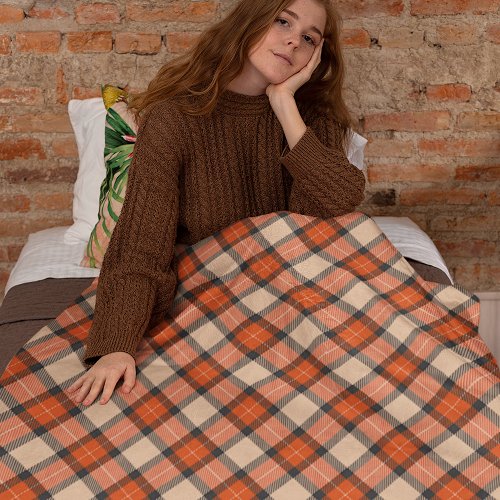 Classic Autumn Pumpkin Orange Brown Tartan Pattern Fleece Blanket